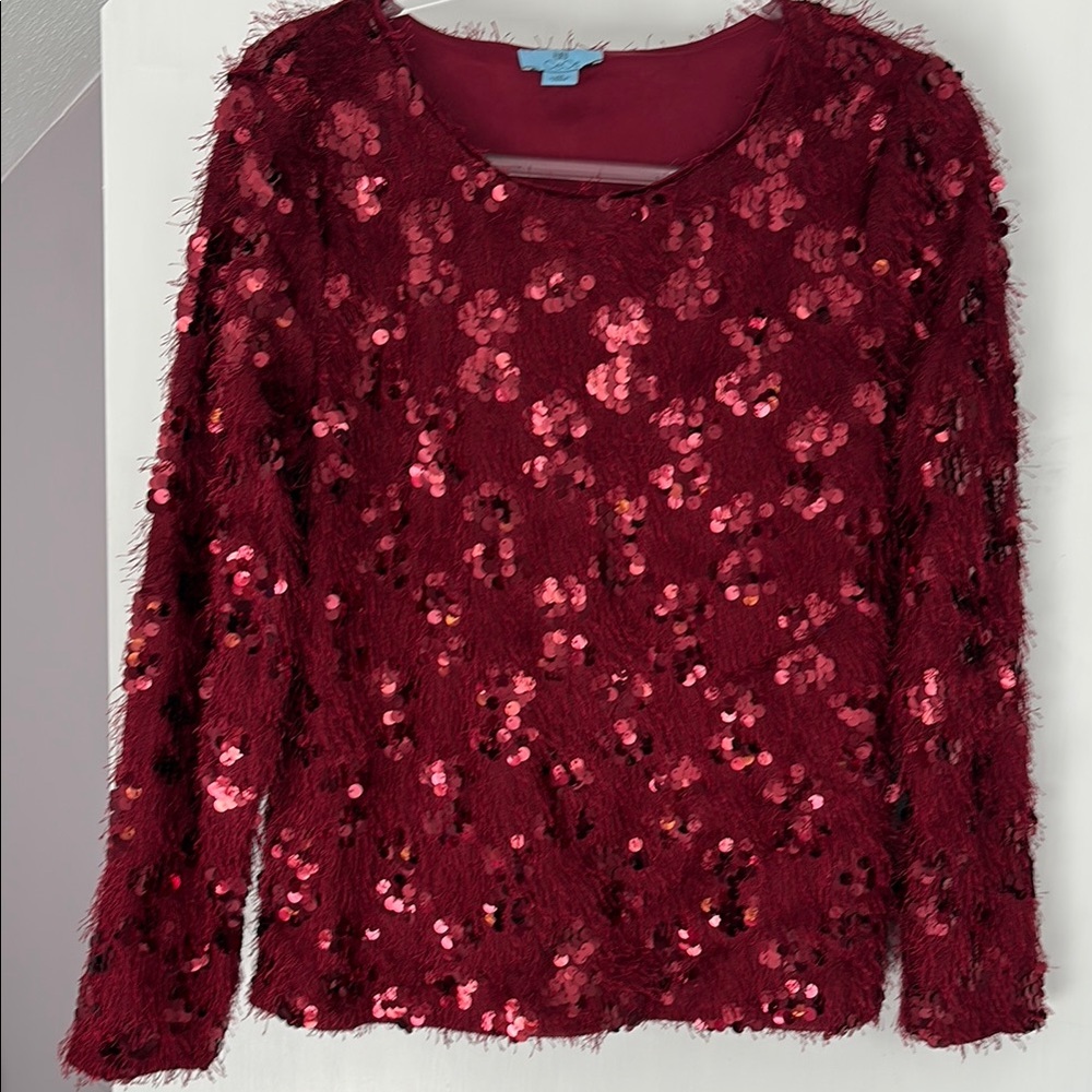 CeCe Red Sequin Long Sleeve Blouse